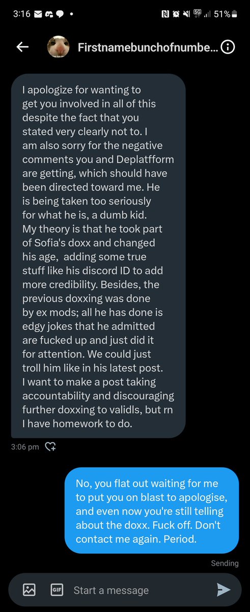 ValidLsTakingLs's tweet photo. @/JoeMamaLigmaB has apologised, but only after I put them on blast publicly. Even then, they're still trying to discuss the doxx with me.

@ValidLs have a free lead to people trying to doxx you. I'm fucking done with people trying to discuss this shit with me when I said I won't. https://t.co/LzlYs9JRW6