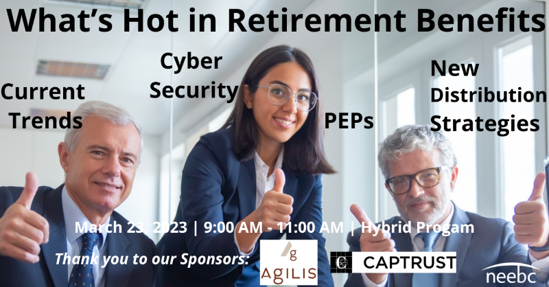 NEEBC's tweet photo. The burden on retirement plan sponsors hasn't been greater. With challenges come opportunities. If you administor a plan, attend to learn most recent retirement plan trends, how best to ensure data security, new options emerging for plan distributions, benefits&amp;drawbacks of PEPS.