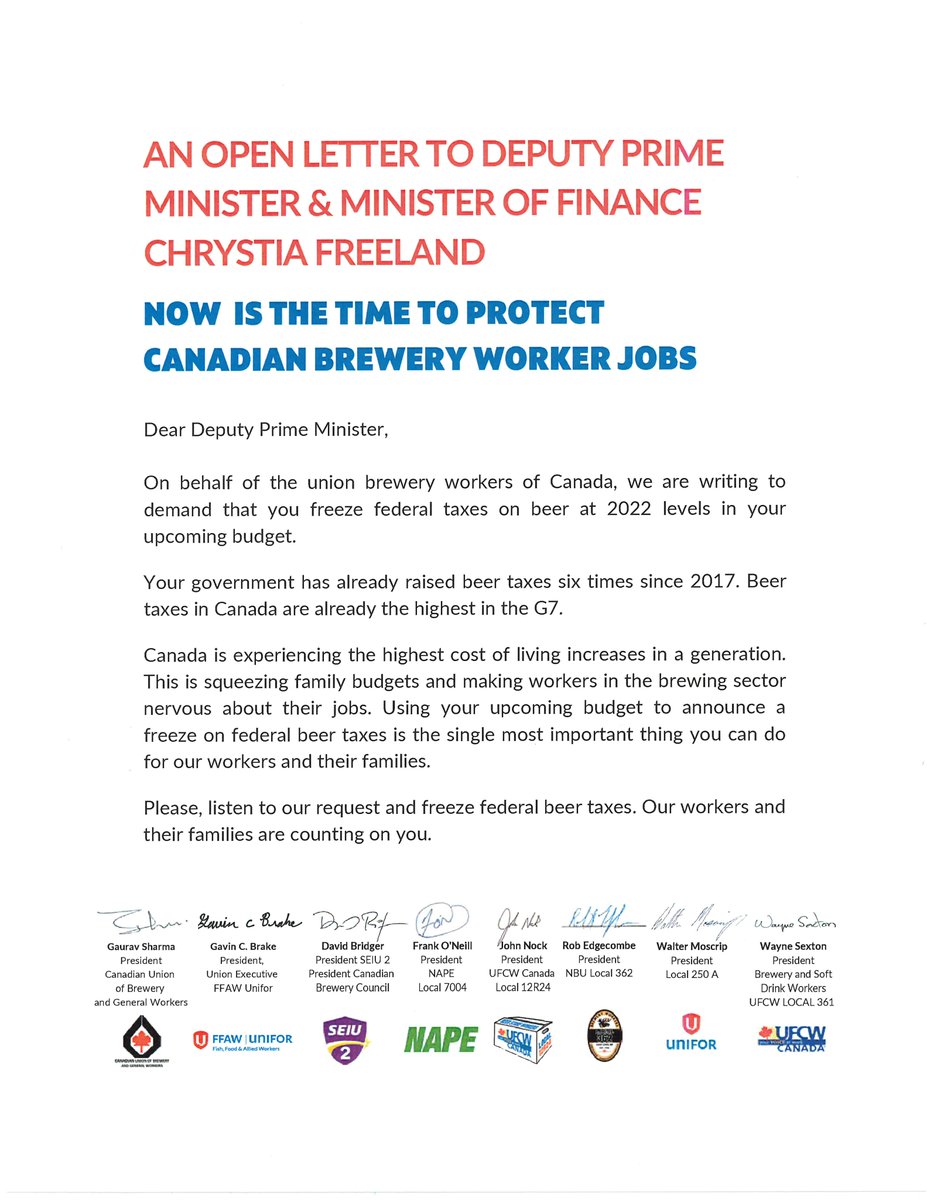 BeerCanada's tweet photo. In Open Letter to Minister @cafreeland published in @TheHillTimes today, brewery workers &amp; organized labour leaders raising concerns for jobs with upcoming April 1st 6.3% federal beer tax increase, the largest in 40 years, https://t.co/YfyENHHWvo #cdnpoli #Budget2023 #HereForBeer https://t.co/NZ01CQmZZ4