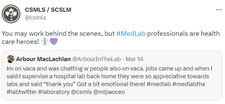 csmls's tweet photo. This week's #VoicesofMedLab is inspired by CSMLS member @ArbourInTheLab 's story 👇

What was the most meaningful "thank you" you've received for being a #MedLab professional?

Reply to share your story or send us a DM! https://t.co/xkXmwCzMWh