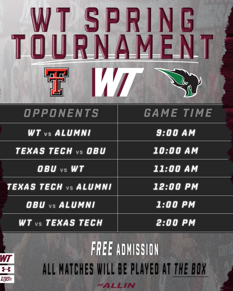 𝐖𝐓 𝐒𝐩𝐫𝐢𝐧𝐠 𝐓𝐨𝐮𝐫𝐧𝐚𝐦𝐞𝐧𝐭

🗓️Saturday, March 25th 
📍The Box 
⌚️9:00 AM - 2:00 PM 
🎟️FREE admission 

#BuffNation | #Allin | #NCAA | #D2 | #Nationalchampion