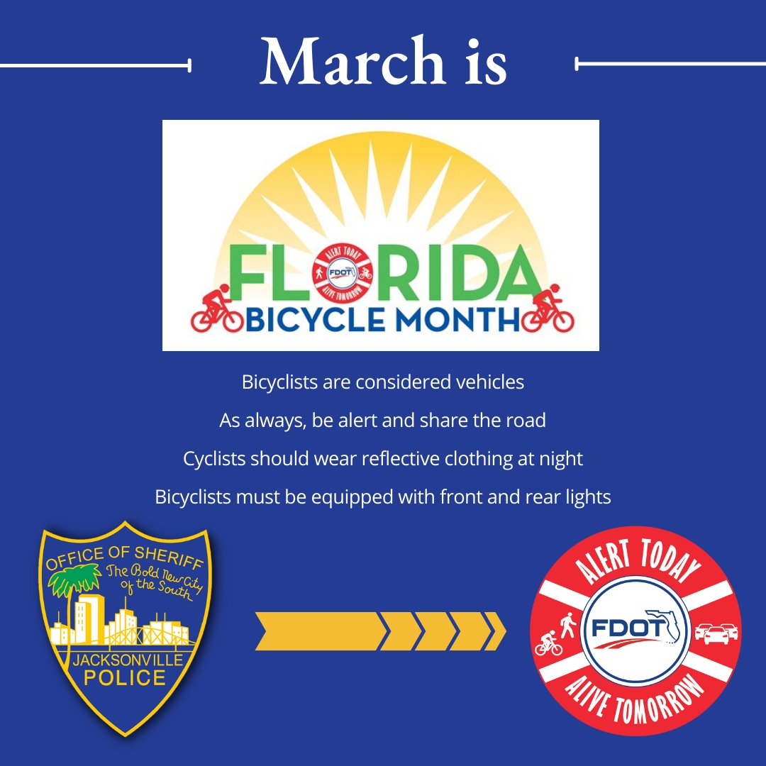 JSOPIO's tweet photo. March is Florida Bicycle Month.
Remember,
- Bicyclists are considered vehicles
- As always, be alert and share the road
- Cyclists should wear reflective clothing at night
- Bicyclists must be equipped with front and rear lights
#AlertTodayAliveTomorrow #ArriveAlive #JSO https://t.co/MdlaE3kDts