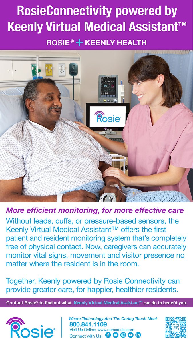 Rosie now offers the Keenly Virtual Medical Assistant, a stand-alone continuous monitor that works with RosieConnectivity™ to remotely monitor vital signs, movement and visitor presence, which increases safety, convenience, and productivity at LTPACs.  ow.ly/kiXS50NmLAc