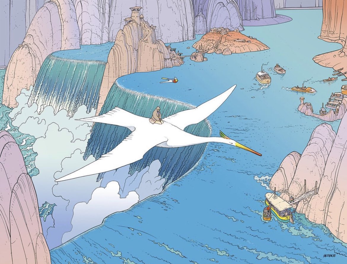 Illustrations by Jean "Mœbius" Giraud for a series titled "Voyage d'Hermès"
