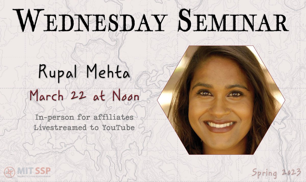 MIT SSP (@mit_ssp) on Twitter photo We’re excited to welcome <a href="/Rupal_N_Mehta/">Rupal Mehta</a> for a Wednesday Seminar this week.
The lecture, taking place at noon on March 22, will cover ‘recklessness and restraint under nuclear umbrellas.’
Watch live on YouTube: lnkd.in/ecTVarU8 We’re excited to welcome <a href="/Rupal_N_Mehta/">Rupal Mehta</a> for a Wednesday Seminar this week.
The lecture, taking place at noon on March 22, will cover ‘recklessness and restraint under nuclear umbrellas.’
Watch live on YouTube: lnkd.in/ecTVarU8