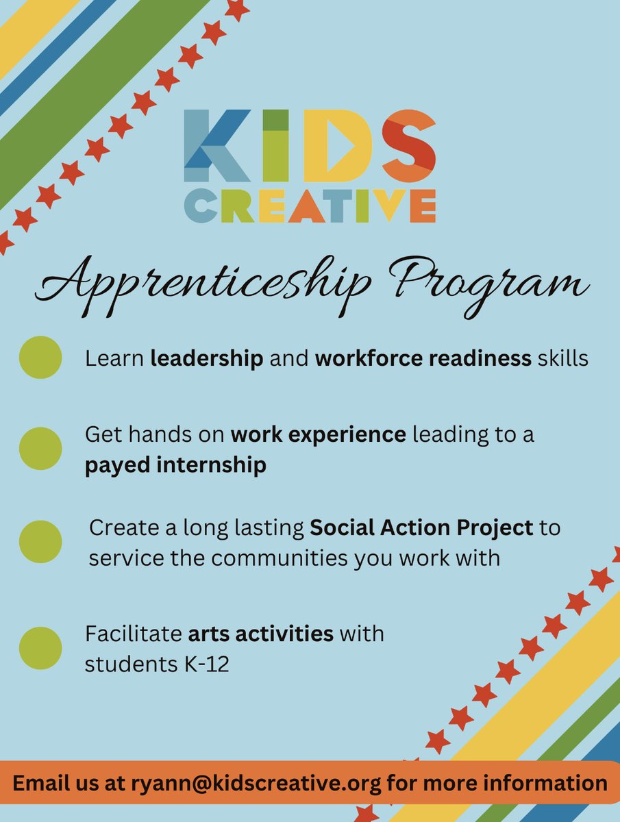 kidscreative's tweet image. Our  Apprenticeship Program is designed to help children learn through the power of art! From visual arts to theater, our program offers a unique and engaging approach to learning. Join us and find out more here: ow.ly/HuyR50N6maP #arteducation  #kidsprogram