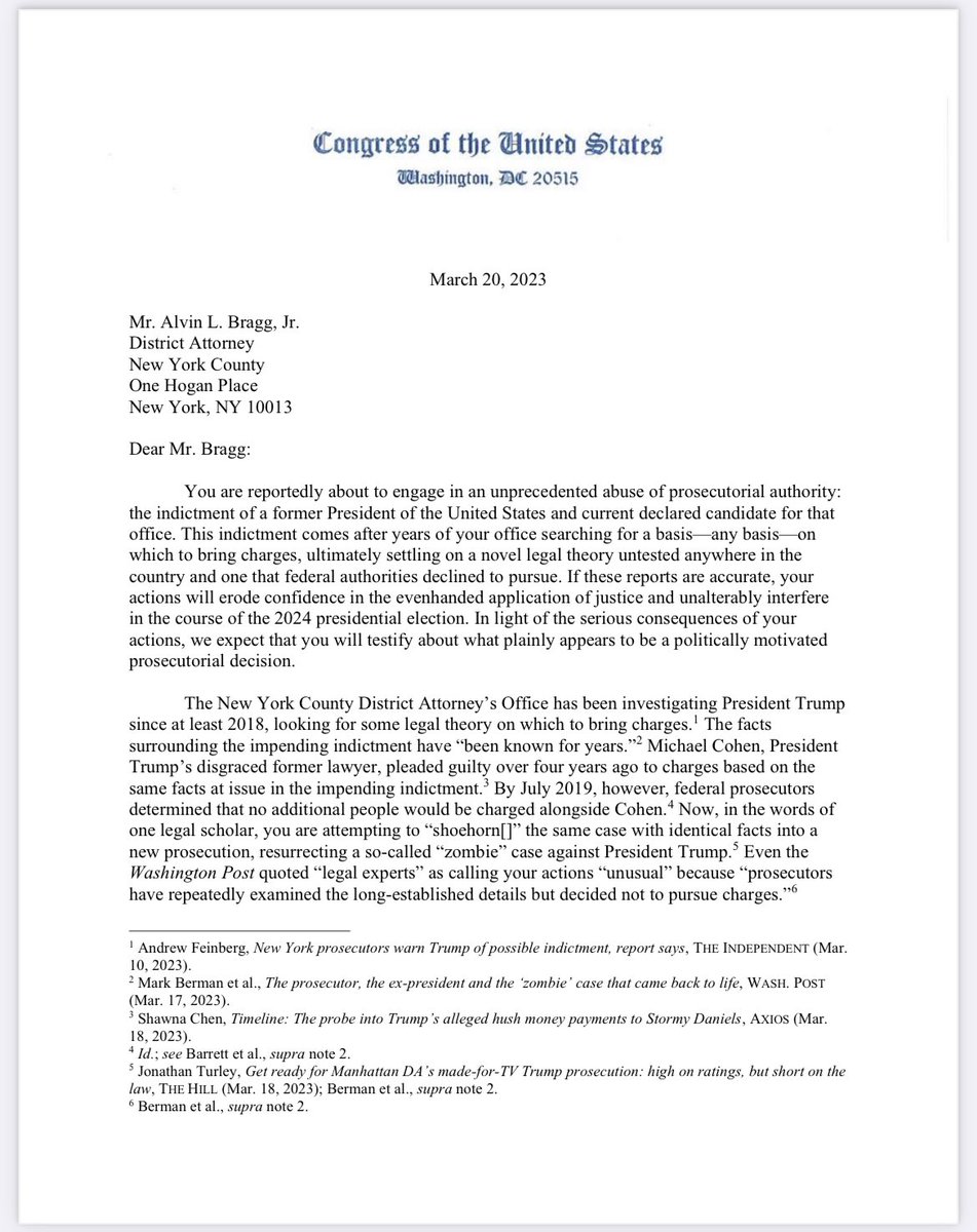 emilybrooksnews's tweet photo. House Judiciary Chair Jim Jordan, Oversight Chair James Comer, and House Administration Chair Bryan Steil seek transcribed interview and documents from Manhattan District Attorney Alvin Bragg over Trump hush money probe, calling it “unprecedented abuse of prosecutorial authority” https://t.co/EkPuYrs02l