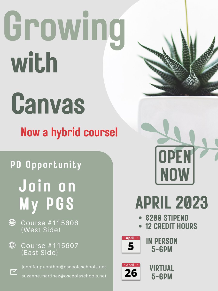 Calling SDOC teachers! The Canvas Greenshirts are hosting more Growing with Canvas hybrid trainings! Sign up today to reserve your spot, as space is limited. <a href="/S_Martinez_SDOC/">Suzanne Martinez</a> <a href="/OsceolaMITD/">OsceolaMITD</a> <a href="/astein032/">Angela Stein</a> #Greenshirts #canvas