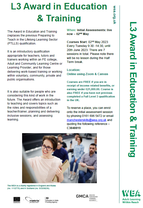 Spaces left for our L3 Award in Education and Training Course starting 07th March. Further information on how to join can be found below! #onlinelearning #adulteducation #lifelonglearning