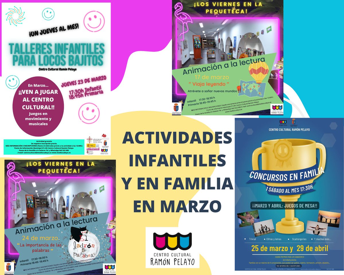 Actividades infantiles y en familia en el Centro Cultural, GRATIS‼️
♦️ Viernes 17, 24 y 31de marzo: animación a la lectura 
♦️ Jueves 23: Talleres Infantiles - Juegos musicales. 
♦️ Sábado 25: Concursos en familia - Juegos de mesa.
➡️ Inscripciones :
☎ 942 52 26 85