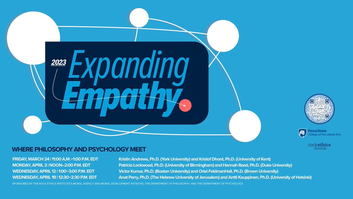 SSRIPennState's tweet photo. @RockEthicsPSU will host their Expanding Empathy Speaker Series on Mar. 24, Apr. 3, Apr. 12, & Apr. 19. The series will cover several topics including #Empathy for Animals, Empathy, Effort, and Common Ground, #MoralLearning & Ways to Channel #Empthy.
https://t.co/K7jPmR1qoi https://t.co/fEBFg1xBGc