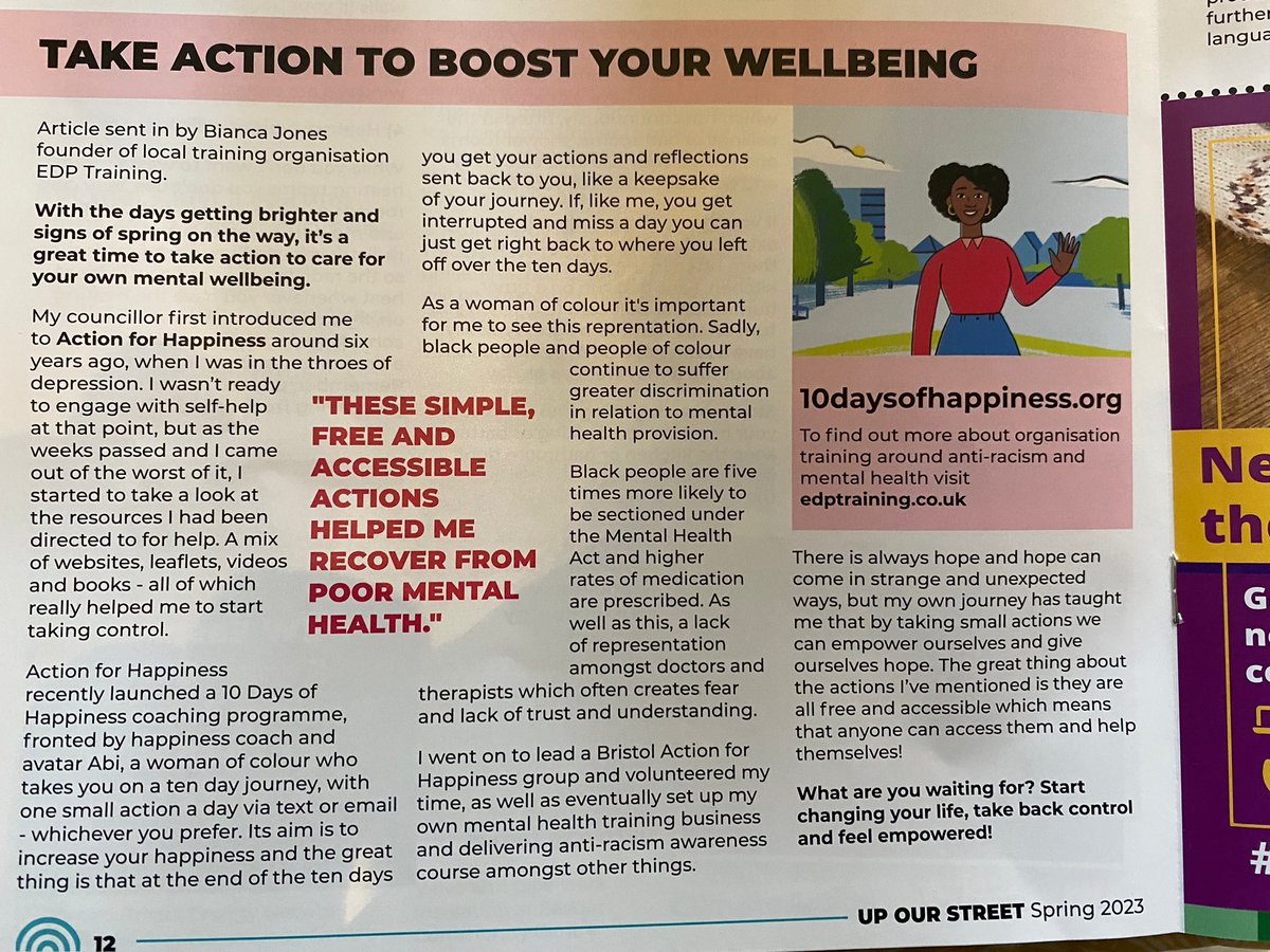 EDPTraining 🧡 (@edptraining1) on Twitter photo It was a pleasure to write an article for Up Our Street magazine. I’m honoured to have this opportunity. 
I hope that this article makes people from minoritized groups feel empowered and encouraged to take action and put their wellbeing first.
#mentalhealthawareness It was a pleasure to write an article for Up Our Street magazine. I’m honoured to have this opportunity. 
I hope that this article makes people from minoritized groups feel empowered and encouraged to take action and put their wellbeing first.
#mentalhealthawareness