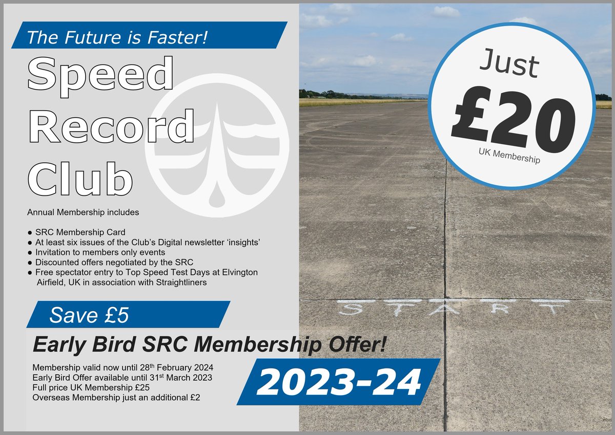 Speed Record Club Membership 2023/4 is now open at the Early Bird discounted rate from just £20!
Join now via our website at  - speedrecordclub.com/membership.html