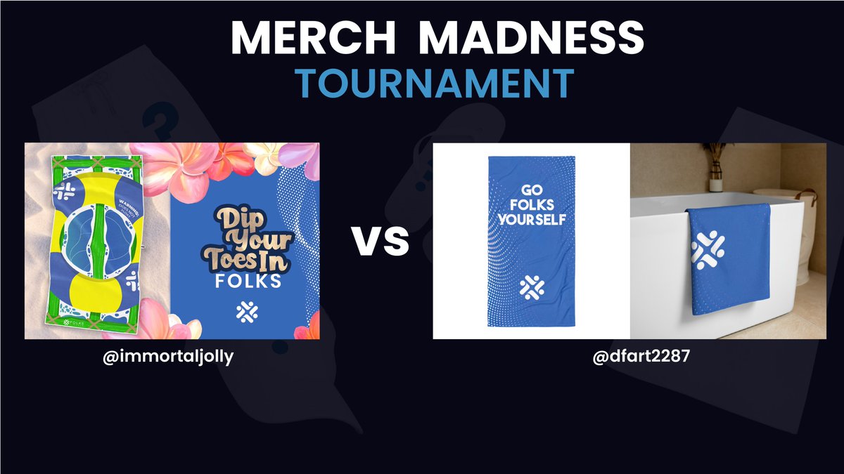 💥 MERCH MADNESS Round 2 VOTING 💥

Pick your favorite beach towel designs and decide which artists are going to the semi-finals!

MATCH 1: <a href="/ImmortalJolly/">Immortal Jolly</a> vs. <a href="/dfart2287/">Dale</a>

🧵 (polls to vote and more matchups in thread below)

#algorand #folksmerchmadness