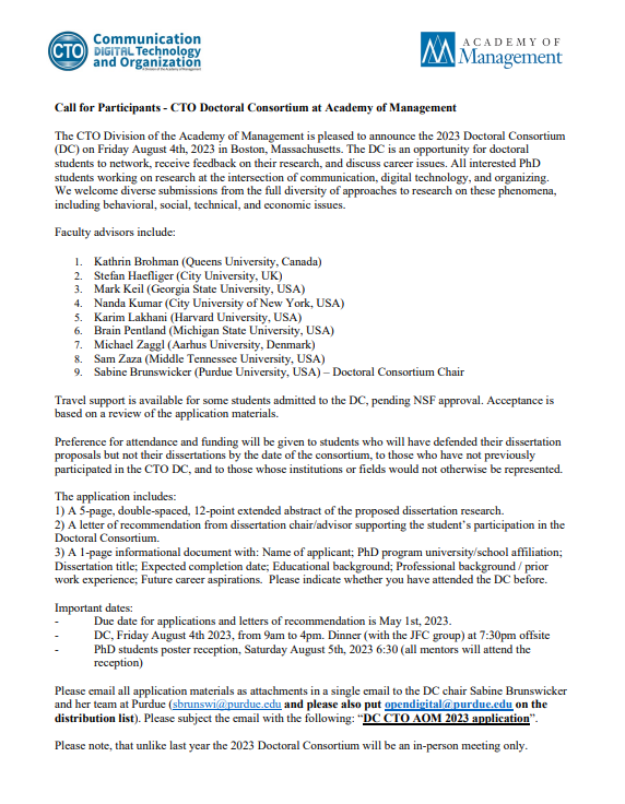 CTO Division of Academy of Management (@aom_cto) on Twitter photo Please share with your networks
Call for Participants - CTO Doctoral Consortium at <a href="/AOMConnect/">Academy of Management</a>
The DC is an opportunity for doctoral students to network, receive feedback on their research, and discuss career issues.
#AcademicTwitter #informationsystems #phdlife Please share with your networks
Call for Participants - CTO Doctoral Consortium at <a href="/AOMConnect/">Academy of Management</a>
The DC is an opportunity for doctoral students to network, receive feedback on their research, and discuss career issues.
#AcademicTwitter #informationsystems #phdlife