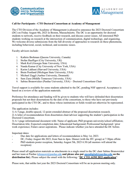 Please share with your networks Call for Participants - CTO Doctoral Consortium at @AOMConnect The DC is an opportunity for doctoral students to network, receive feedback on their research, and discuss career issues. #AcademicTwitter #informationsystems #phdlife