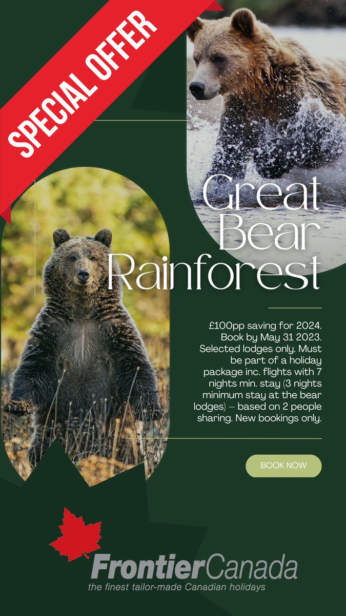 2024 #Saving!: More than half of #Canada's 26,000 #grizzlies live in British Columbia, and one of the best places to see them is the #GreatBearRainforest. 

Book by May 31 2023. T&C's apply.

frontier-canada.co.uk/wildlife-holid…

#Wildlifeviewing #bearsafaris #travel #traveltips #deal #offer