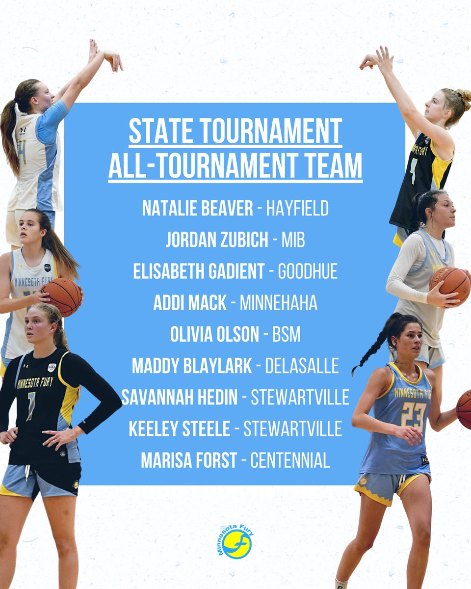 𝐀𝐋𝐋-𝐓𝐎𝐔𝐑𝐍𝐀𝐌𝐄𝐍𝐓 𝐓𝐄𝐀𝐌

Congratulations to all of our Fury players who were named to the State Tournament All-Tournament Teams! 👏