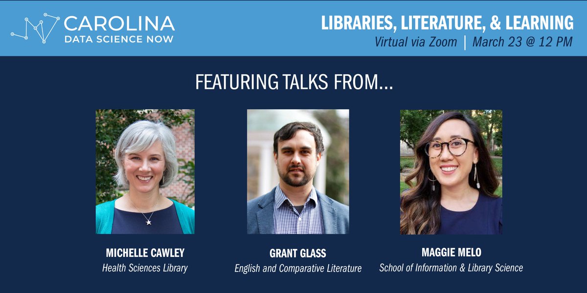 RENCI's tweet photo. The next #CarolinaDataScienceNow seminar on March 23, “#Libraries, #Literature, + #Learning," will feature lightning talks on how #datascience is used to enhance #methodology in projects involving #bibliographicdata, #literarytexts + virtual #makerspaces.

https://t.co/JiEdZDyU3r https://t.co/5aGTM4sLPD