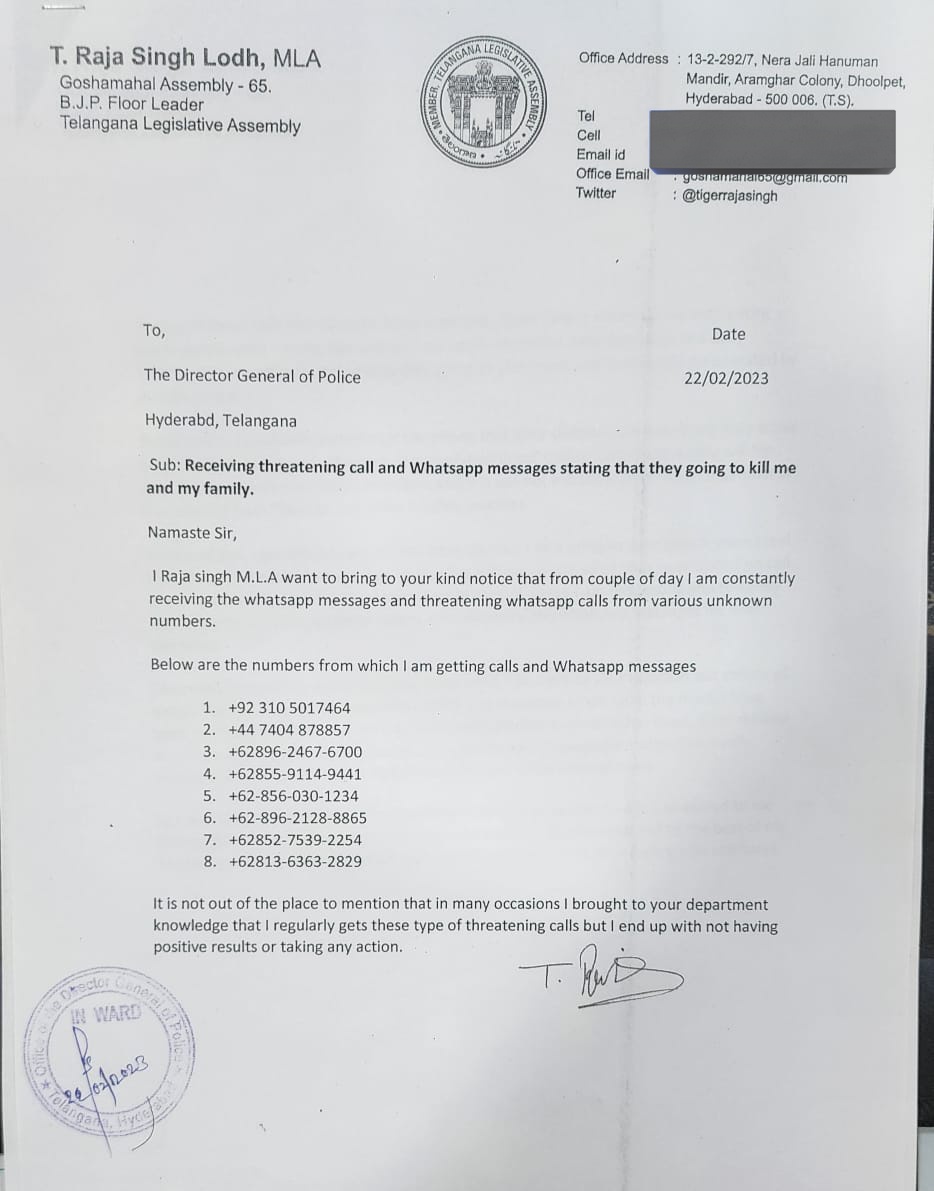 TigerRajaSingh's tweet photo. It is very unfortunate that a sitting MLA receives a threat call from Pakistan but @hydcitypolice doesn't act or book even a FIR

If I tweet Jai Sri Ram or raise my voice in support of our Hindu brother's police act immediately &amp; book cases

@CPHydCity what is stopping you to act https://t.co/gKMIRyEoht