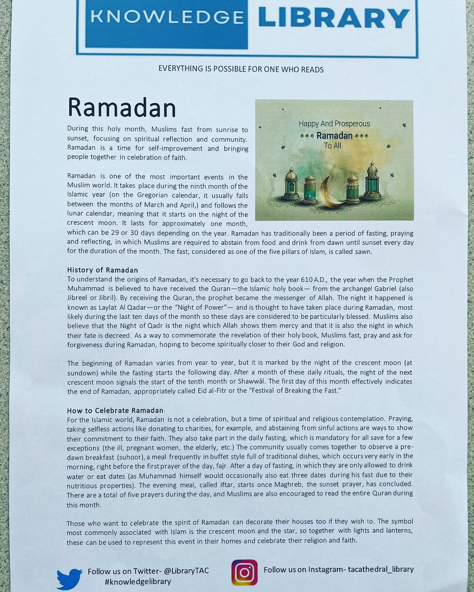 LibraryTAC's tweet photo. This week in the #knowledgelibrary we are exploring the holy month of #Ramadan #everythingispossibleforonewhoreads @TrinityAcademyC https://t.co/Ki4Yx12IyQ
