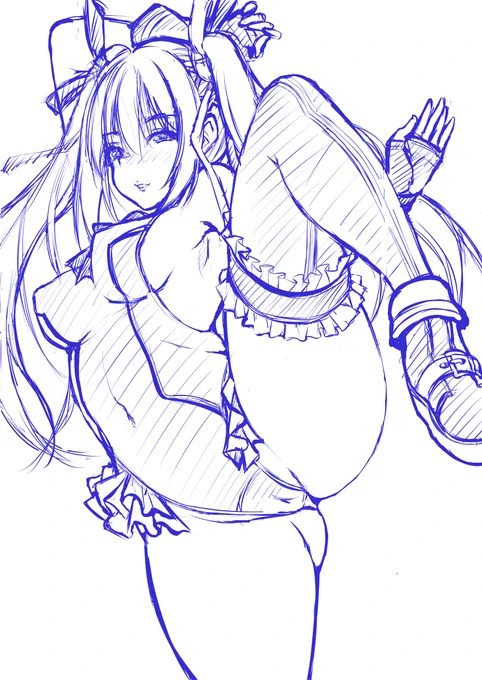 イラスト製作過程メモ(1/2)1:ラフ。ぐちゃぐちゃ描き倒して、変形機能とかいろいろ使って調整2:整えたラフを細部まで書き込んで反転させて下描き完成3:線画。600dpiを倍率40パーセントでペン入れ、拡大すると荒れてるが無視)4:下塗り。あくまで倍率は40～45付近でとどめておくと気が楽 