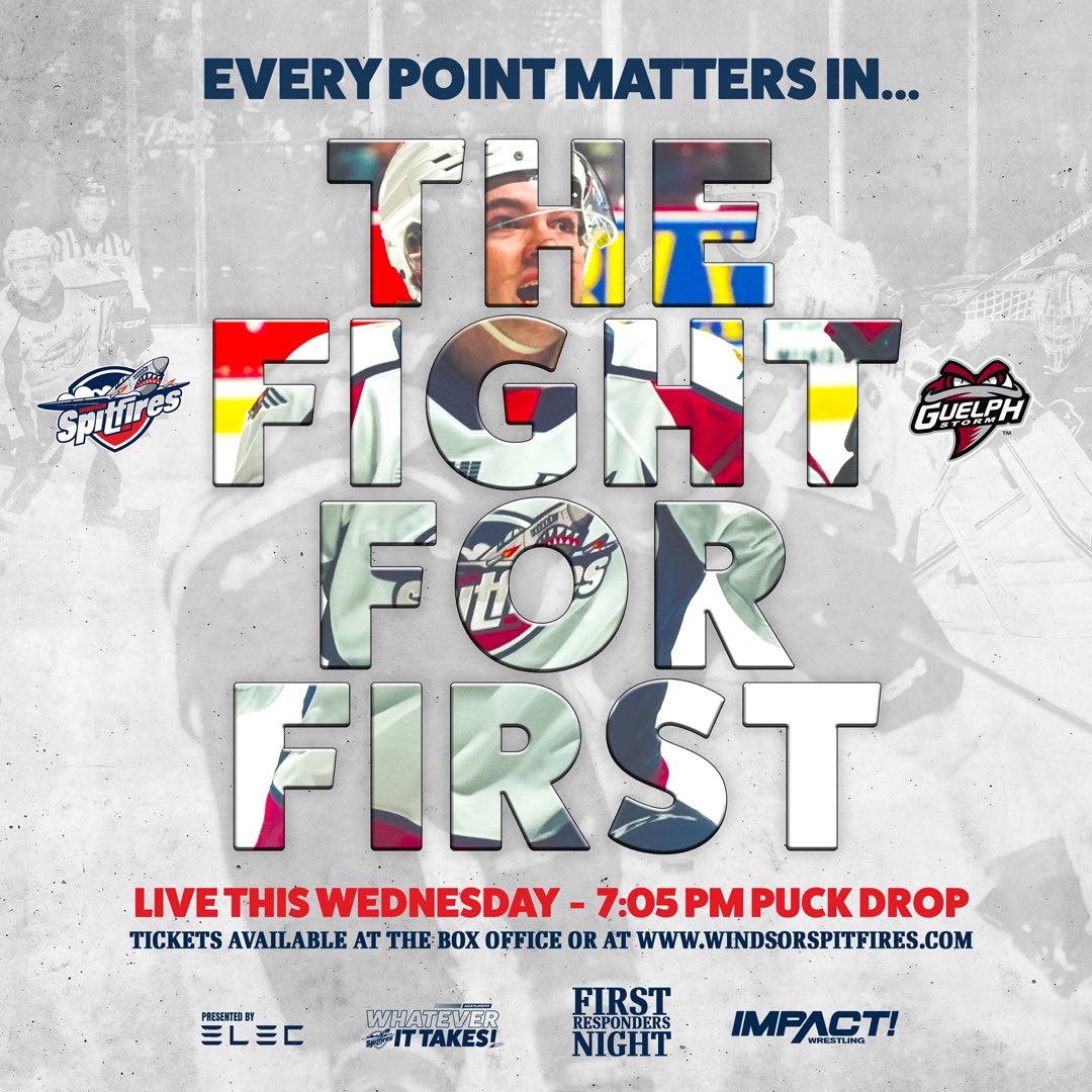 SpitsHockey's tweet photo. Fans, join us this Wednesday as we face-off vs @Storm_City . The battle for first place is real and we need your energy to help push us over the top! Tickets https://t.co/XQgMocwuRu #windsorspitfires #whateverittakes #fightforfirst #yqgbusiness #windsorpntario #ohlhockey https://t.co/EsdcyH2Ic7