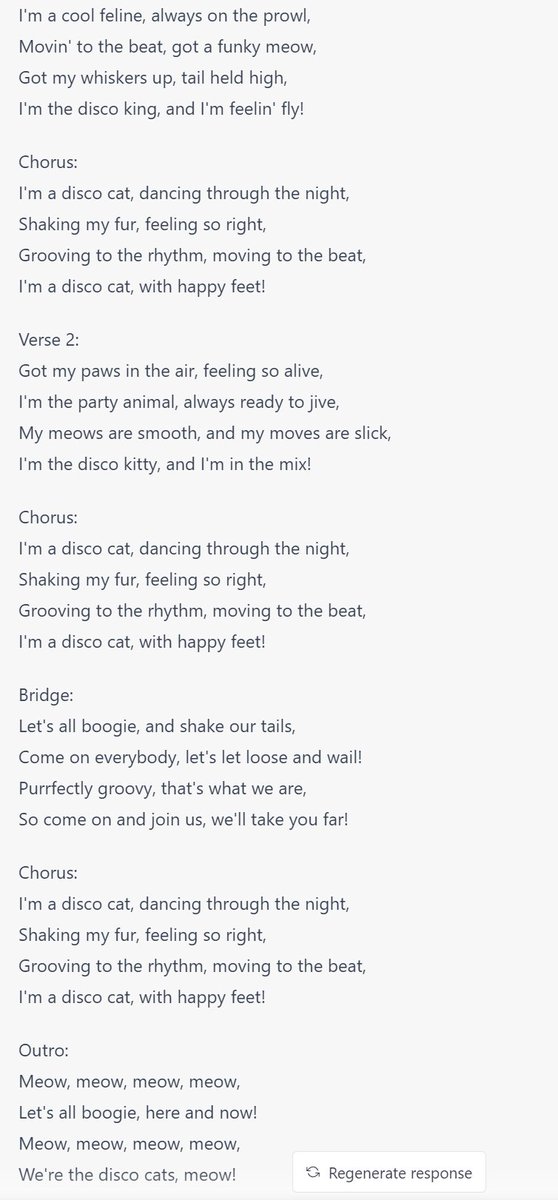 I asked ChatGPT to write a disco hit as if it were written by a cat, and I think this is pretty good, tbh