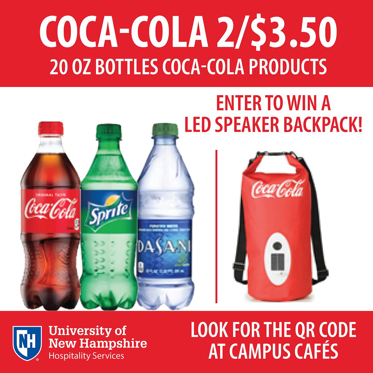 UNHDining's tweet photo. WIN an LED Speaker Backpack!!! ππ΅ Look for the QR code at Campus CafΓ©s to scan & enter for a chance to WIN! π Deadline is April 30th #Coke #contest #giveaway #ledspeaker #cocacola https://t.co/uNZxNMoxND