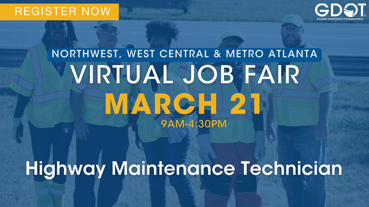 GDOT is partnering with Indeed.com to host a virtual job fair on 3/21.

Join our team! 

Register now to schedule an online interview in NW GA, West Central GA; and Metro Atlanta.indeedhi.re/3TfZ4I4  #ExperienceGDOT

#ExperienceGDOT
