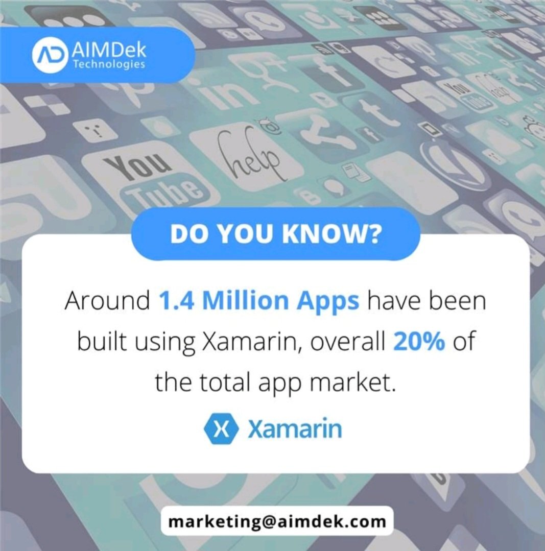 AIMDekTech's tweet photo. Willing to build your next mobile Application on Xamarin?
Connect with our experts at - marketing@aimek.com
#development #windows #android #ios #xamarin #funfact #facts #application #applicationservices #applicationdevelopment #xamarinapplication #mobileapplicationdevelopment https://t.co/QBHXTaWlso