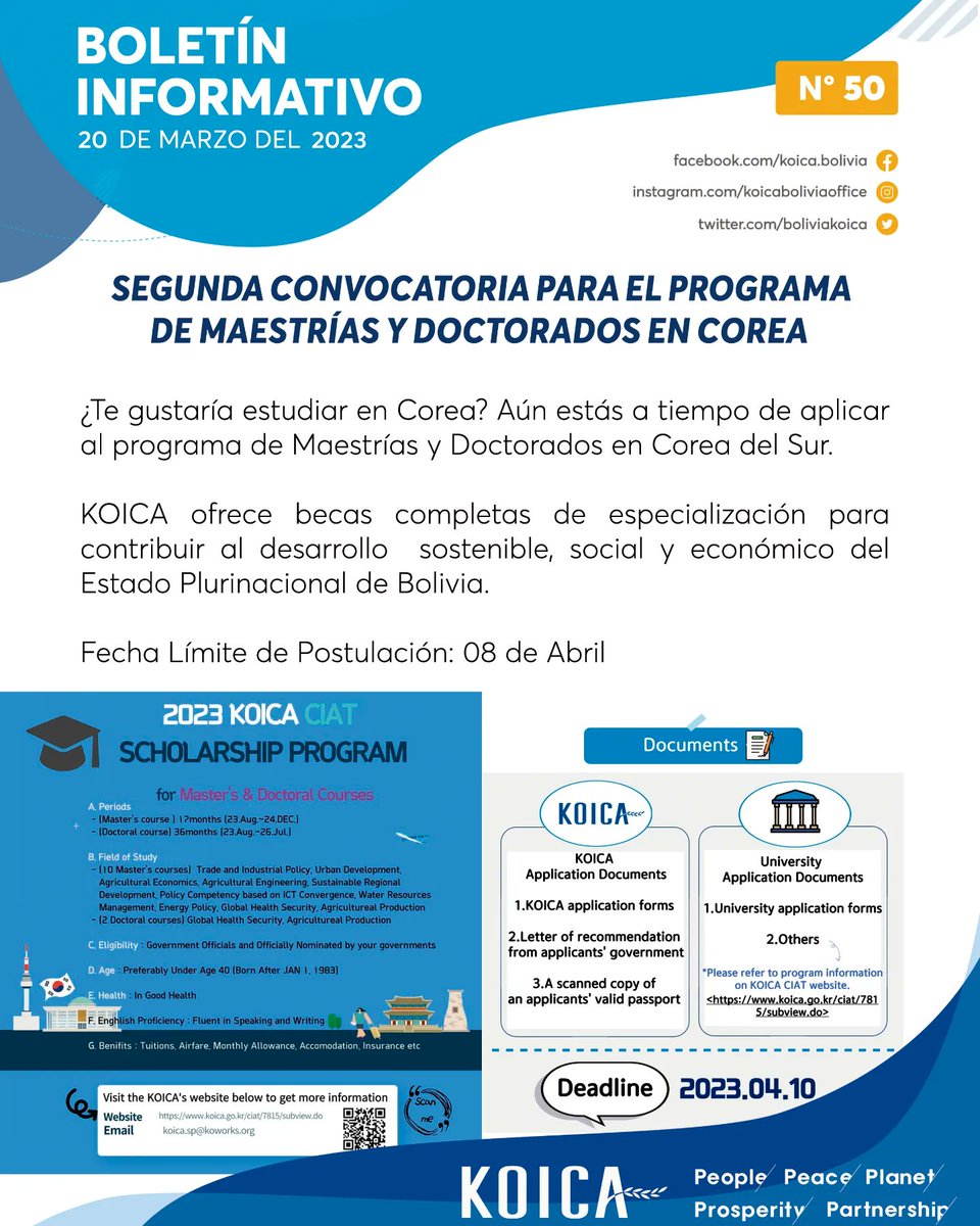BoliviaKoica's tweet photo. Les presentamos nuestro #BoletínInformativo N°50
Conoce sobre todas las actividades que realiza KOICA en Bolivia ☺️⬇️
#CooperaciónInternacional #estudiaenCorea #voluntariado #KoicaBolivis https://t.co/0McNmaKWf4
