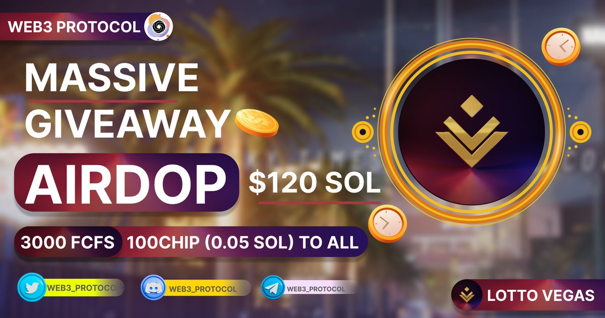 Web3_Protocol's tweet image. 🎉Web3 Protocol X Lotto Vegas Giveaway

 🏆Prize Pool:- $3000 SOL (FCFS) + 6 SOL Token

To Enter:- 

✔️Follow @Web3_Protocol &amp;amp; @lotto_dot_vegas
✔️Like and RT 3 friends
✔️ Fill form :- giv.gg/lottovegas

#Airdrop #Giveaway #Giveaways #Airdrops #lottovegas