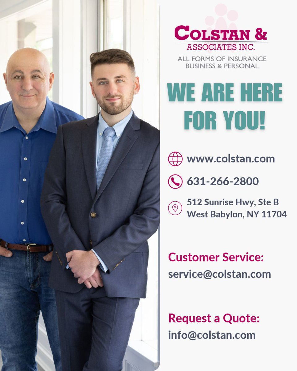 colstan's tweet image. We're a Long Island based Insurance Agency looking forward to work for and with you, to make your insurance the most affordable and easy going experience.
If you need a quote or some guidance on your current policy, reach out to us! We're here for you!
colstan.com