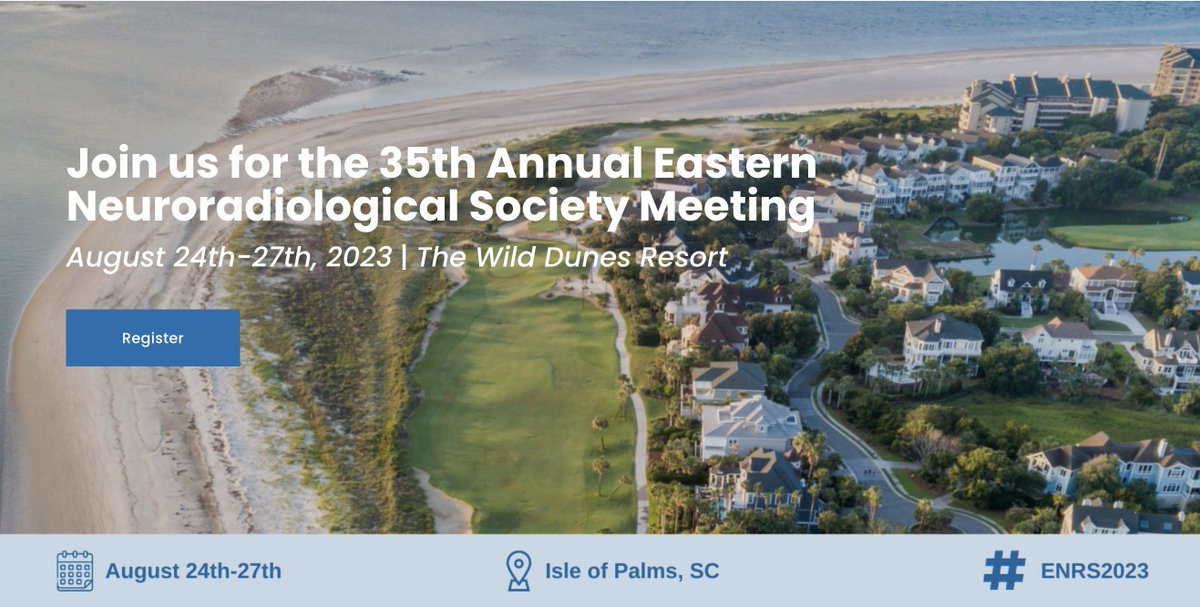 Registration is officially open for #ENRS2023 🎉 Join us in Isle of Palms, SC this August for some sun, sand, and #CME with your favorite #NeuroRads! Learn more 👉 enrsmeeting.org

#radiology #MedEd #neuro #neuroradiology