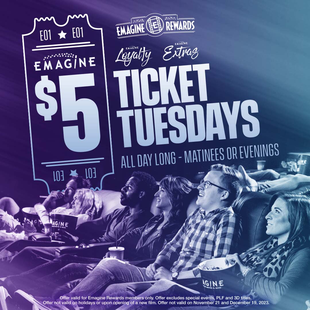 EmagineTheatres's tweet photo. Every Tuesday is $5 Ticket Tuesday's 🎟️
Highlights:
🍿 $5 tickets ALL DAY LONG for Rewards Members
🍿 FREE Small Popcorn for Rewards Members
**Sign up for our free Emagine Rewards- Link in bio** https://t.co/9PqMqT5t6Q