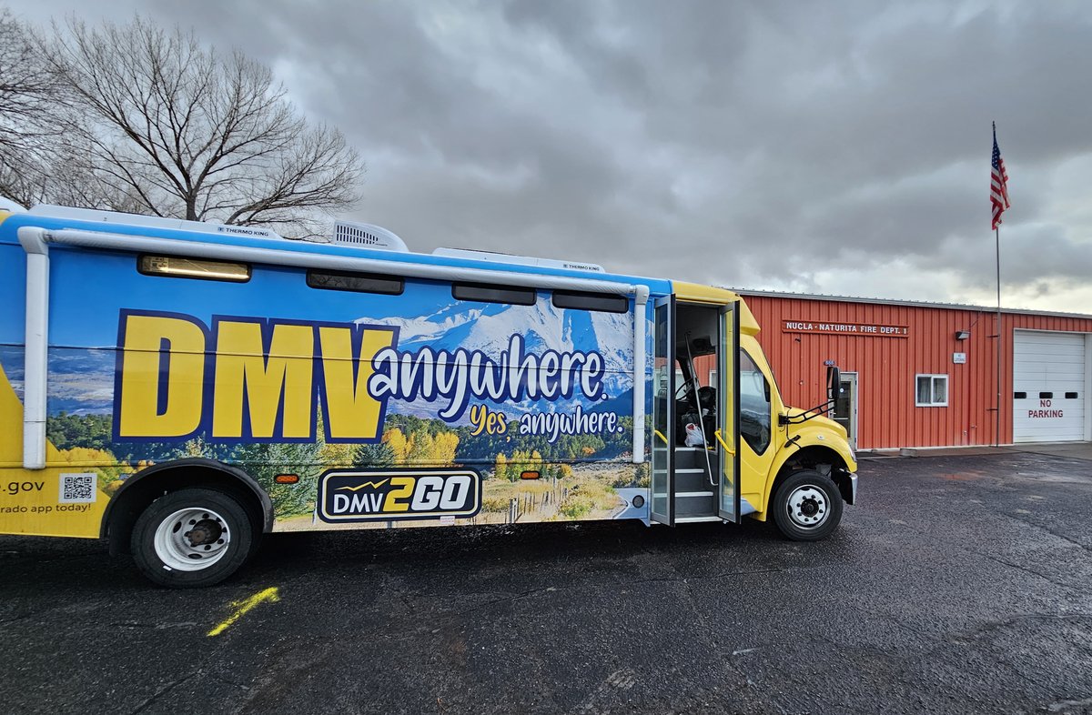 CO_DMV's tweet photo. #Nucla and #Naturita, #Colorado residents don't miss your chance to DMV at the Nucla fire station (can't miss the big, yellow RV). #DMV2GO will be here, saving Coloradans time and money, until 5 p.m. March 20 and from 8 a.m. to noon, March 21 #havervwilltravel #WesternSlope #CO https://t.co/j9sPCyRSSN