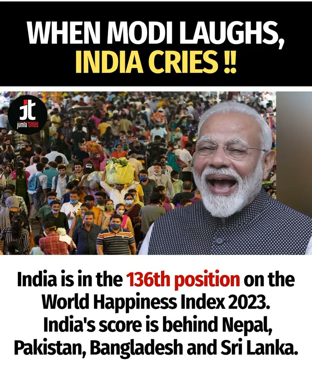 Oh wow!
Under Modi ji, India is sliding down
the #HappinessIndex faster than ever before! 

Not sure if we should laugh or cry at the abysmal state of affairs.😕

 #IndiaSad 
#internationalhappinessday