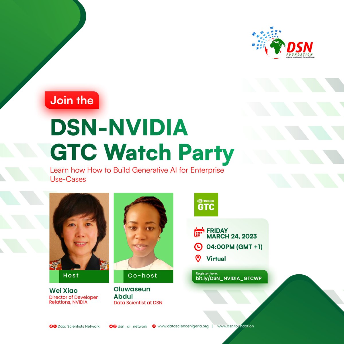 dsn_ai_network's tweet photo. It's 4 days to go!

Have you registered for the DSN-NVIDIA Watch party?

Take advantage of learning the vast potentials of Generative AI such as ChatGPT.

Join Wei Xiao &amp; @NifemiOluwaseu2 as they lead the conversation.

24th March 2023

4PM

Register>https://t.co/LNKw9WYNCW https://t.co/LDHsVWvkd0