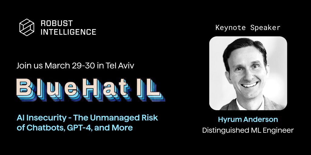 Join us at <a href="/BlueHatIL/">BlueHat IL</a> to learn how to address the unmanaged security risk posed by AI.

<a href="/drhyrum/">Hyrum Anderson</a> will share insights about current AI vulnerabilities and the key role that security practitioners must play to ensure the safe use of chatbots, GPT-4 &amp; more.

microsoftrnd.co.il/bluehatil/conf…