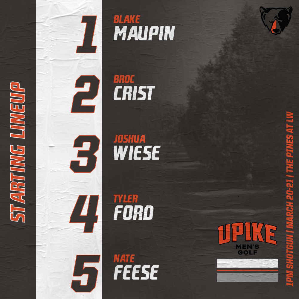 Round 1. Spring Golf Season is now! 
🏆 Blue Raider Invite
📍 The Pines at Lindsay Wilson
⏰ 1 pm Shotgun Start
☀️Sunny, High of 50*
📈 Scoring via <a href="/Golfstat/">Golfstat</a> - results.golfstat.com/public/leaderb…
Go Bears! 🐻