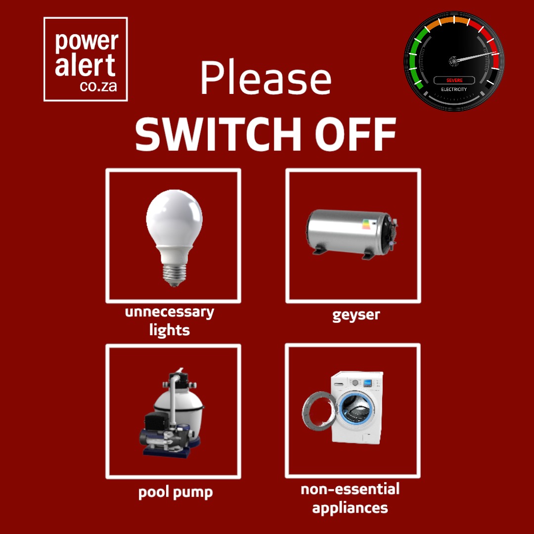 Eskom_SA's tweet image. #PowerAlert
20 March 2023
18:00

Our power system is under severe pressure. Please switch off all unnecessary lights, your geyser, pool pump, and non-essential appliances