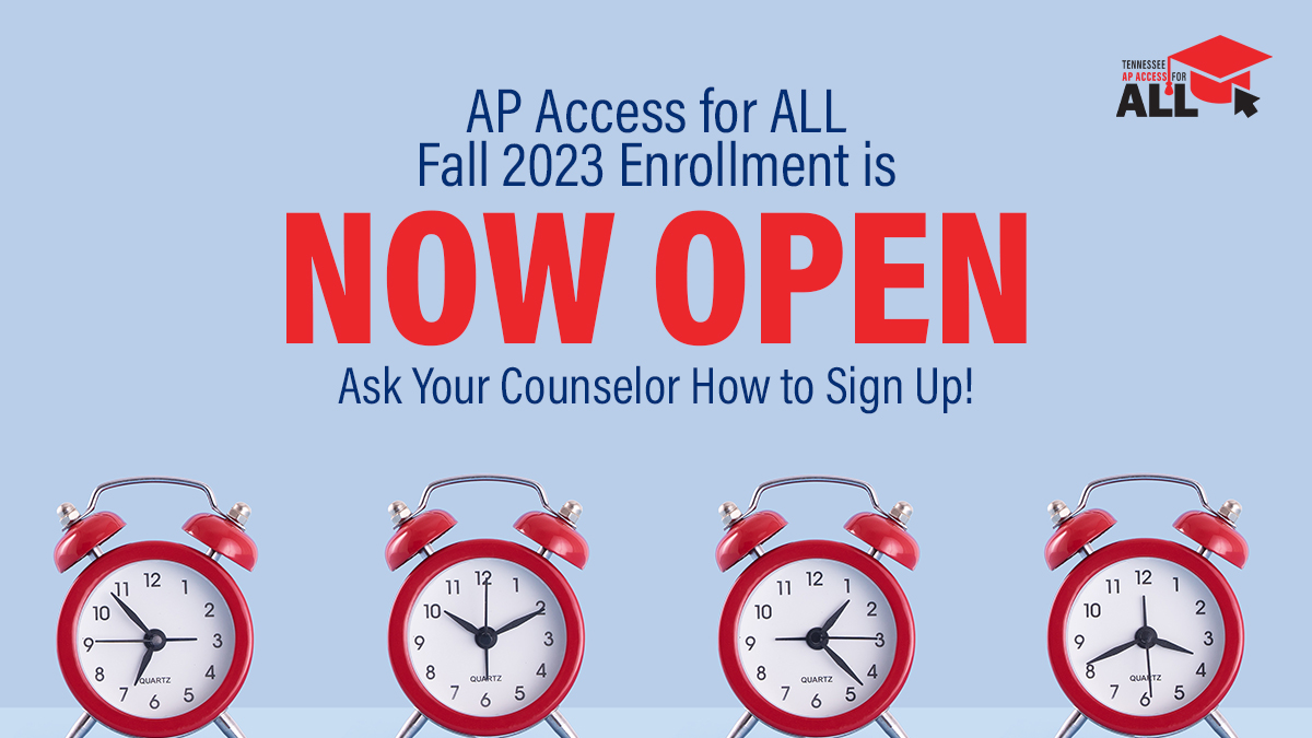 Fall 2023 Enrollment has begun! 
Ready to jump-start your college career with AP? 
Visit tnapaccessforall.org/students/ to learn more and ask your counselor how to enroll TODAY!

#TNEducation #tnstudent #collegebound #lifelonglearner #highschool #collegechat #collegeapp #tnloveslearning