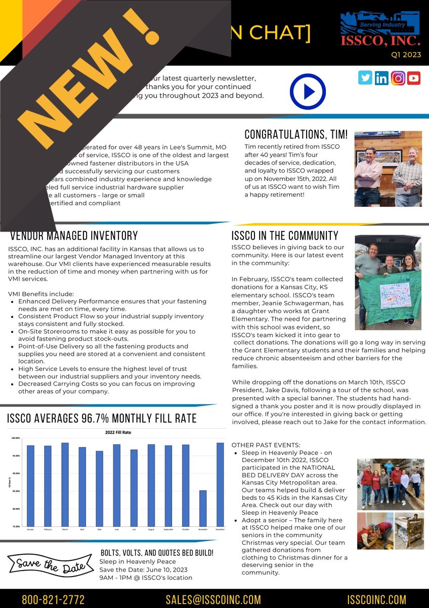 issco_inc's tweet photo. The latest issue of ISSCO, INC.'s newsletter, #DistributionChat is now available: https://t.co/VLAjW1KVWu
Grab a cup of our #NutandBoldBlendCoffee and enjoy!
#ISSCOInc #Fasteners #FastenerDistribution #FastenerNewsletters https://t.co/r1DxeDYAkx
