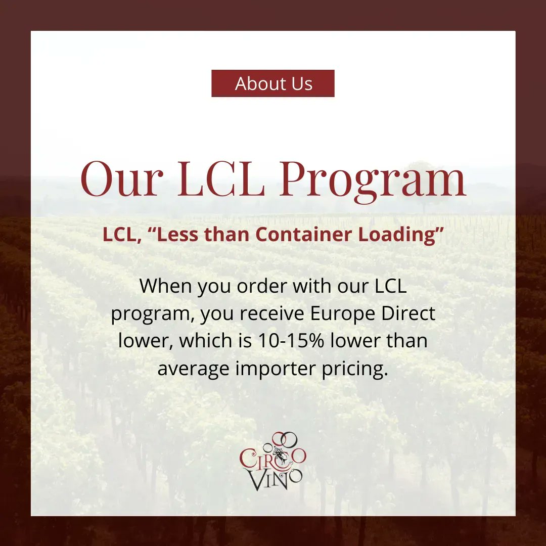 LCL, “Less than Container Loading,” is our innovative approach to the often-complicated business of getting small-quantity artisanal wines to our US distributors efficiently and economically.

🍷 Reach out to us on circovino.com

#circovino #withthewinecircu…