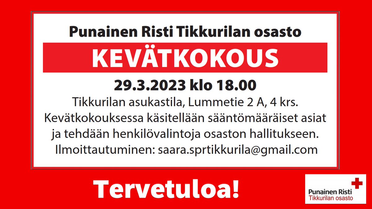 SPRTikkurila's tweet photo. 🌱 Tervetuloa kevätkokoukseen. 
🌱  29.3.2023 klo 18.00
Tikkurilan asukastila, 
Lummetie 2 A, 4 krs.
🌱 Kevätkokouksessa käsitellään sääntömääräiset asiat ja tehdään henkilövalintoja osaston hallitukseen. https://t.co/Y3dTWynzla