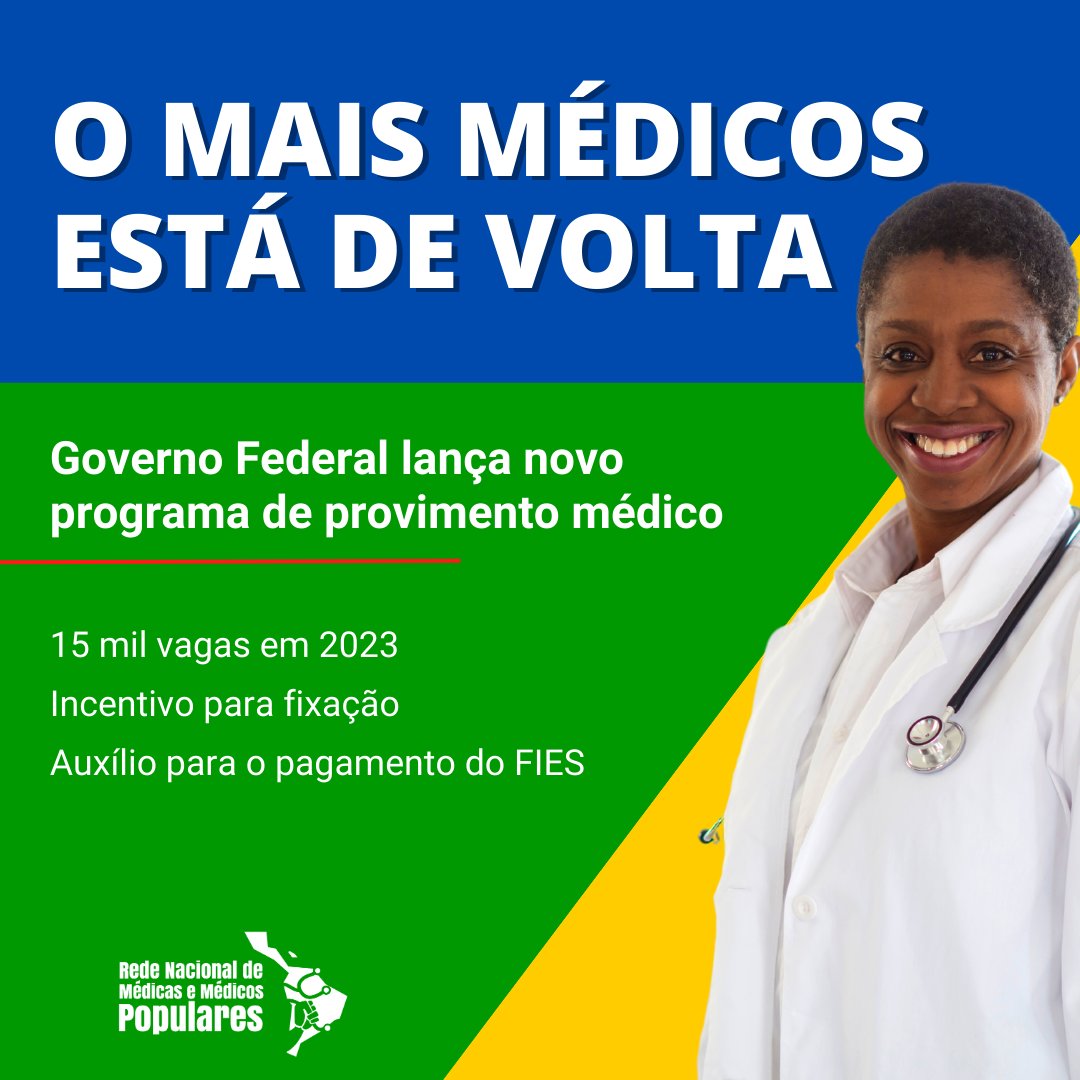 Hoje (20) o Governo Federal lança o novo programa “Mais Médicos para o Brasil” com 15 mil vagas para novos médicos.

Ao final de 2023, serão 28 mil médicos atendendo mais de 96 milhões de brasileiros, em especial prestando o cuidado em periferias e regiões mais remotas.