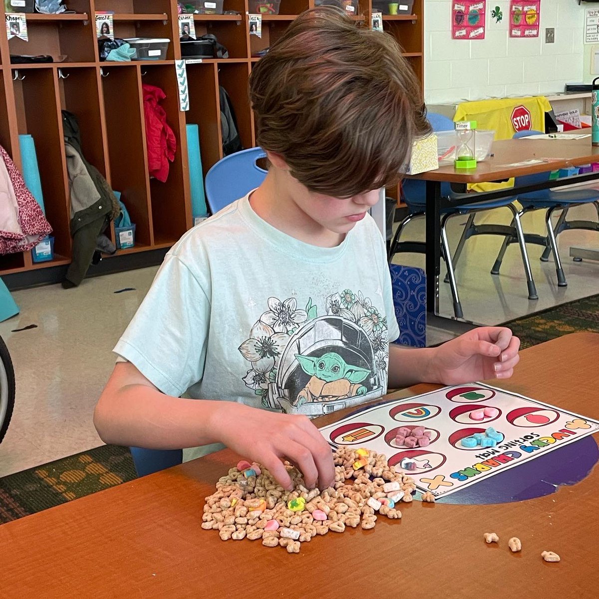 BWPrincipalHCSD's tweet photo. Ms. Goss’ students were hard at work on Friday with their Lucky Charms sorting and graphing! #YummyMath #HandsOnLearning https://t.co/xdgexALXIe