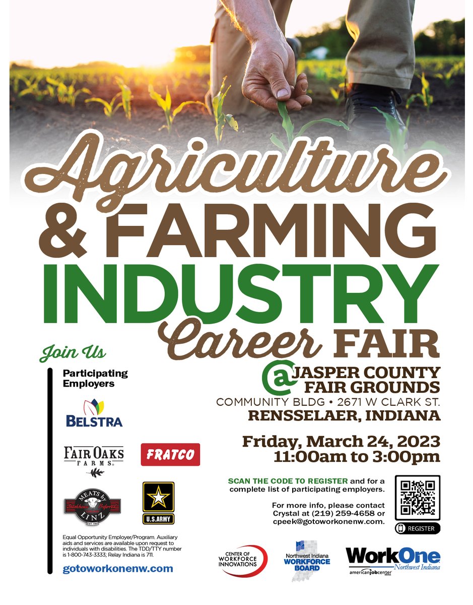 CWI partners with agriculture-related companies right here in NWI and is proud to host the upcoming Agriculture Industry Focused Job Fair at the Jasper County Fair Grounds on Friday, March 24. conta.cc/3ZWON66 #nwi #northwestindiana #businessowners #agriculture