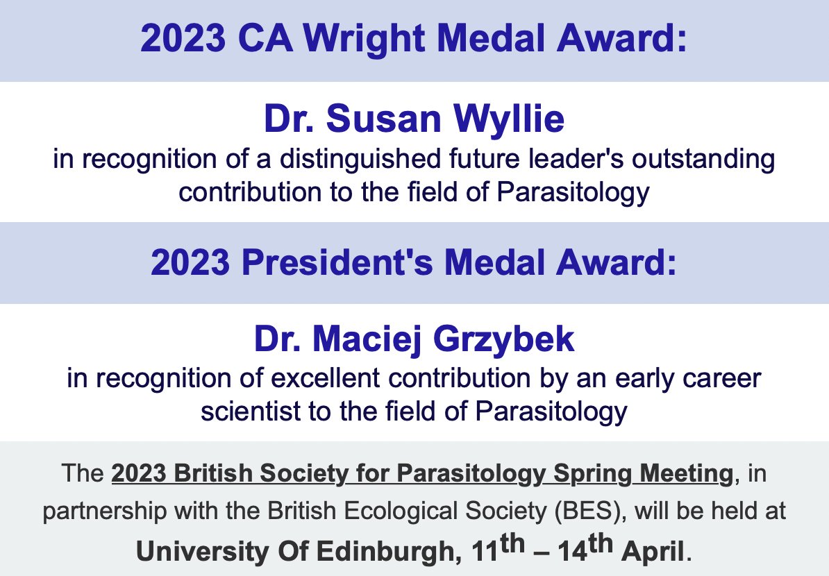This year's BSP award winners are Dr Susan Wyllie (@LabWyllie) of @UoDLifeSciences/@WCAIRDundee (read more about the lab at modeofactiondundee.org/people/) and Dr Maciej Grzybek (@GrzybekMaciej) of @TropParasGdynia/@GUMedGdansk (read his papers at researchgate.net/profile/Maciej…)! #BSP2023